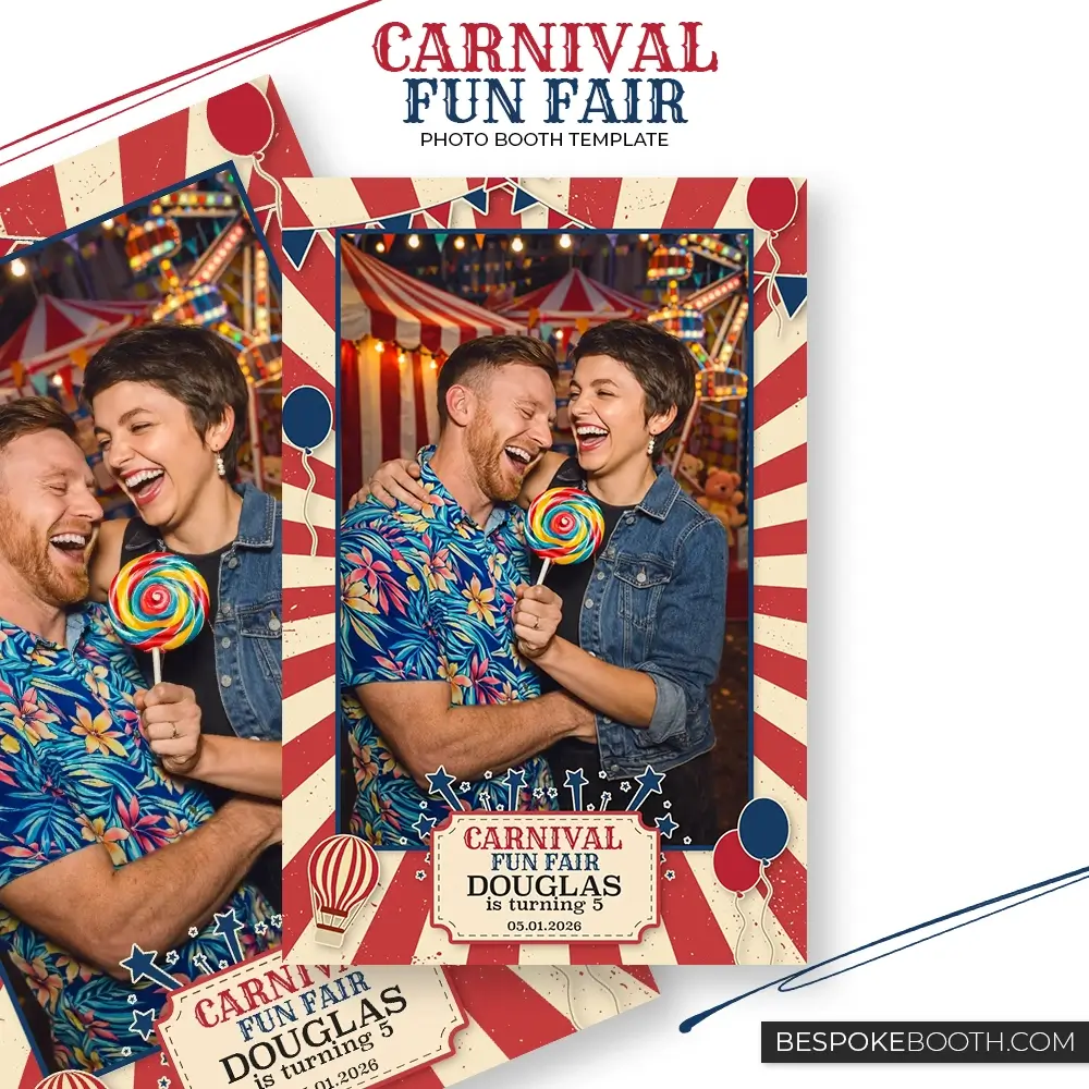 Carnival circus fun fair 4x6 single photo booth template with red and cream ticket background, balloons, hot air balloon illustration and bold carnival graphics for birthday events.