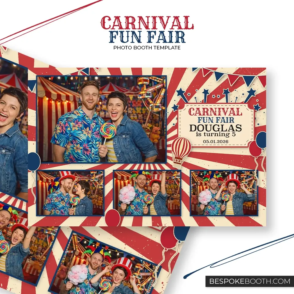 Carnival circus fun fair 6x4 four photo booth template with red and cream ticket background, balloons, hot air balloon illustration and bold carnival graphics for birthday celebrations.
