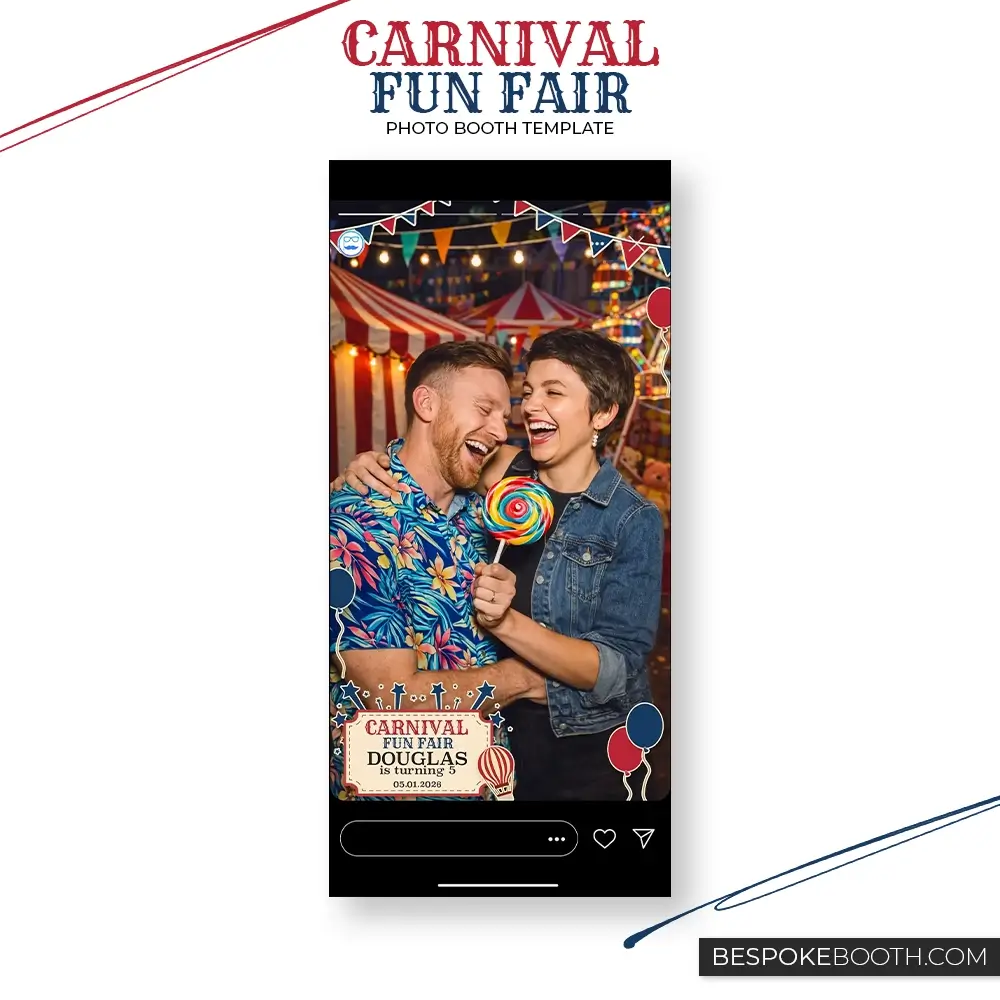 Carnival circus fun fair portrait video photo booth template with red and cream ticket background, balloons, hot air balloon illustration and bold carnival graphics for social media sharing.
