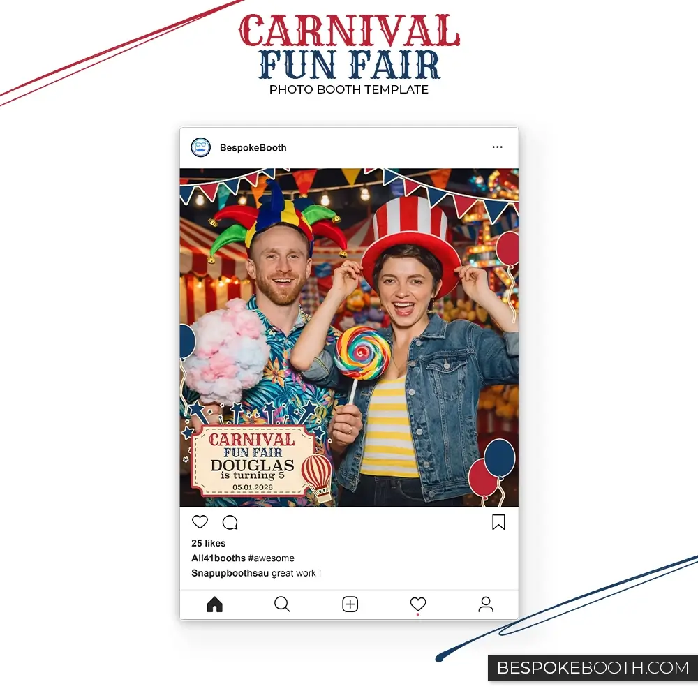 Carnival circus fun fair square video photo booth template displayed in social media feed with red and cream ticket background, balloons, hot air balloon illustration and bold carnival graphics.