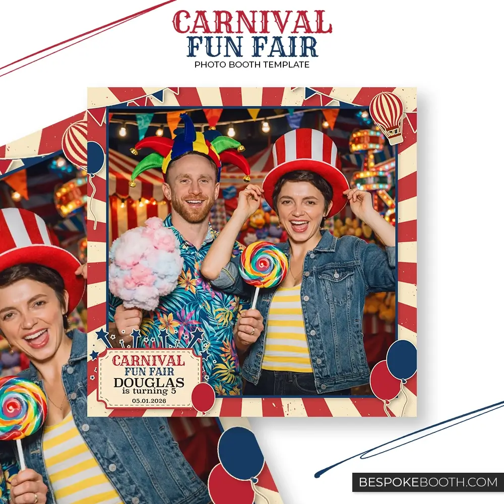 Carnival circus fun fair square photo booth template with red and cream ticket background, balloons, hot air balloon illustration and bold carnival graphics for birthday celebrations.