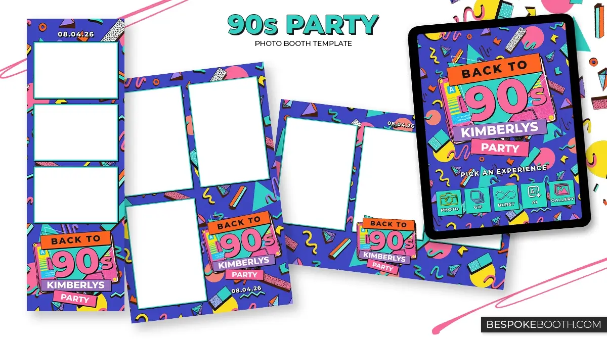 Retro vintage 90s nostalgia photo booth templates and start screens featuring bold throwback colors, cassette graphics, geometric shapes, and multi photo layouts in 2x6, 4x6, and 6x4 designs for photo booth owners.