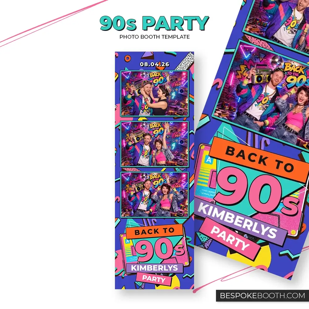 Retro vintage 90s nostalgia photo booth template in 2x6 layout featuring bold throwback colors, cassette inspired graphics, geometric shapes, and vibrant party design for photo booth owners.