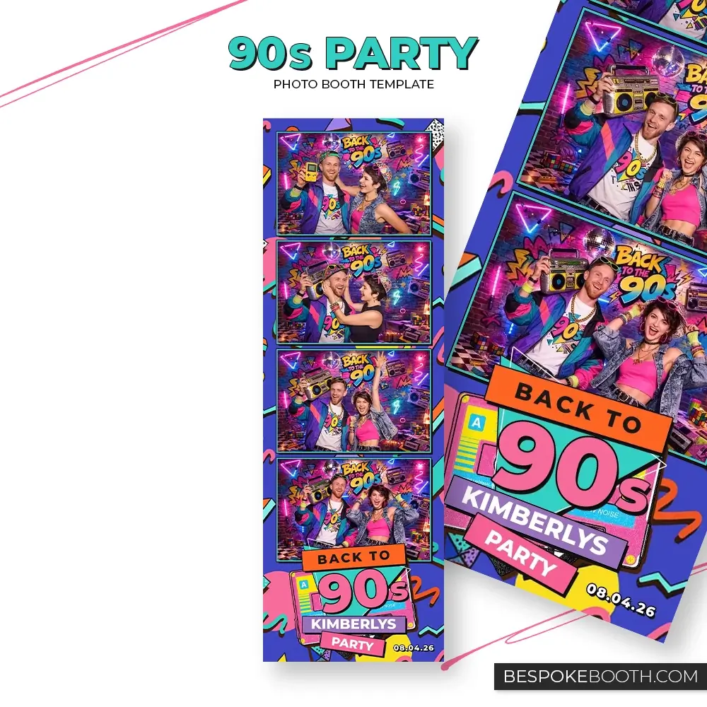 Retro vintage 90s nostalgia photo booth template in 2x6 four photo layout featuring bold throwback colors, cassette graphics, geometric patterns, and vibrant party design for photo booth owners.