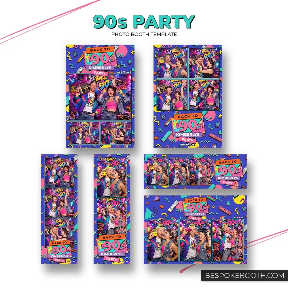 Retro vintage 90s nostalgia photo booth template collection featuring 2x6, 4x6, and 6x4 multi photo layouts with bold throwback colors, cassette graphics, and vibrant geometric patterns for photo booth owners.