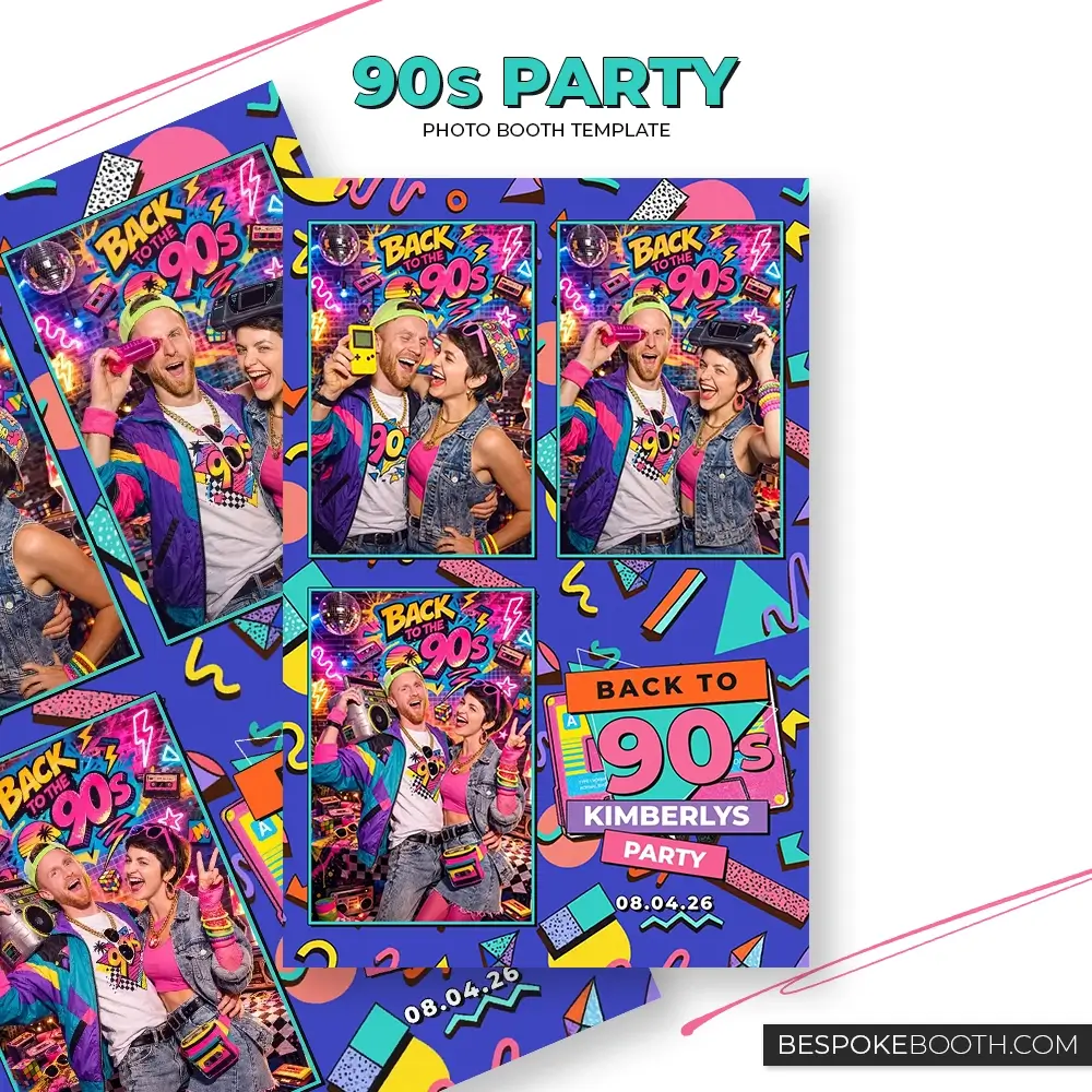 Retro vintage 90s nostalgia photo booth template in 4x6 three photo layout featuring bold throwback colors, cassette graphics, geometric patterns, and vibrant party design for photo booth owners.