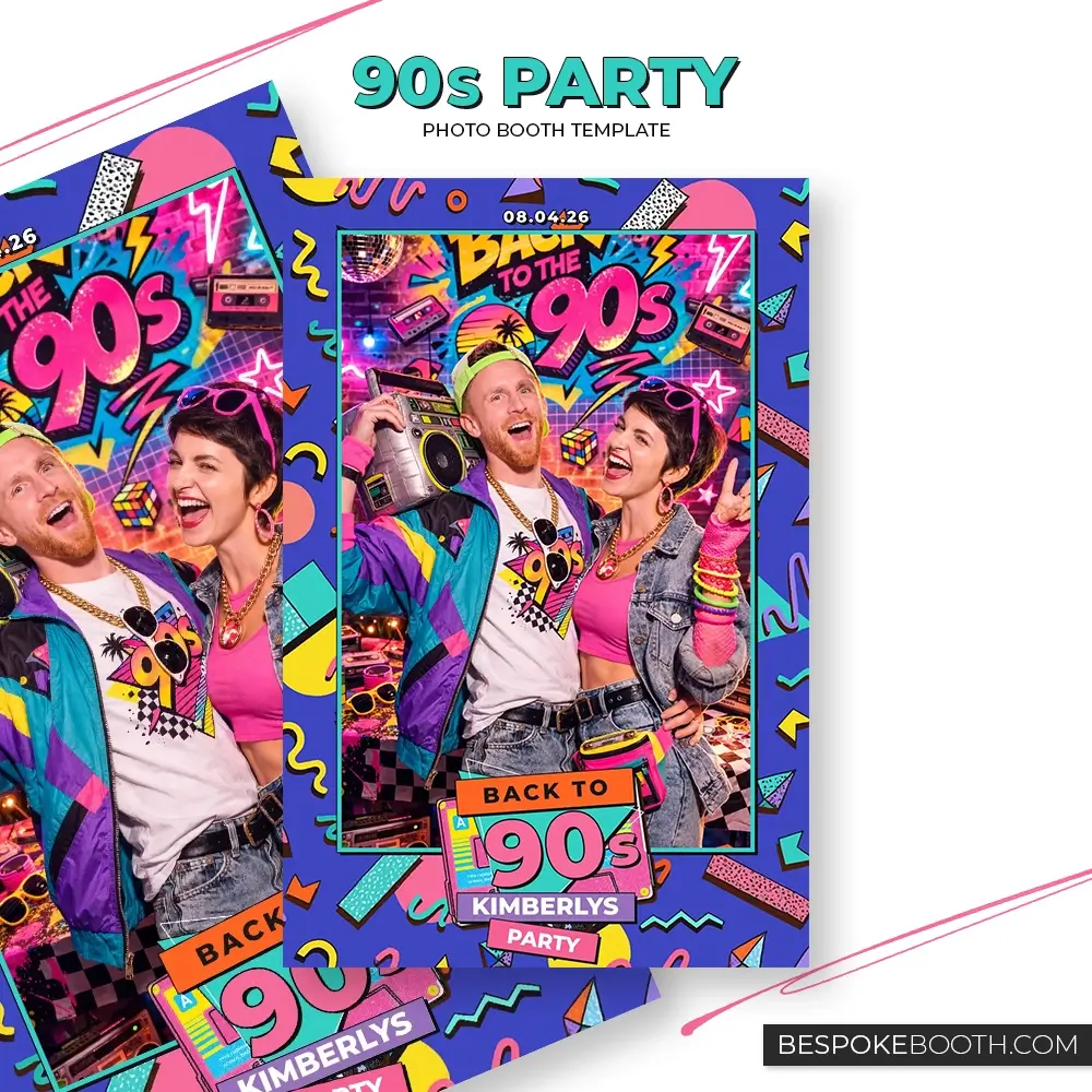 Retro vintage 90s nostalgia photo booth template in 4x6 single photo layout featuring bold throwback colors, cassette graphics, geometric patterns, and vibrant party design for photo booth owners.