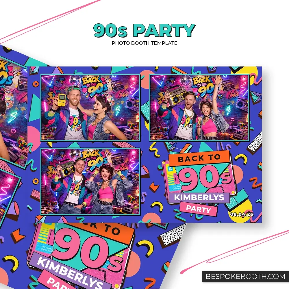 Retro vintage 90s nostalgia photo booth template in 6x4 three photo layout featuring bold throwback colors, cassette graphics, geometric patterns, and vibrant party design for photo booth owners.