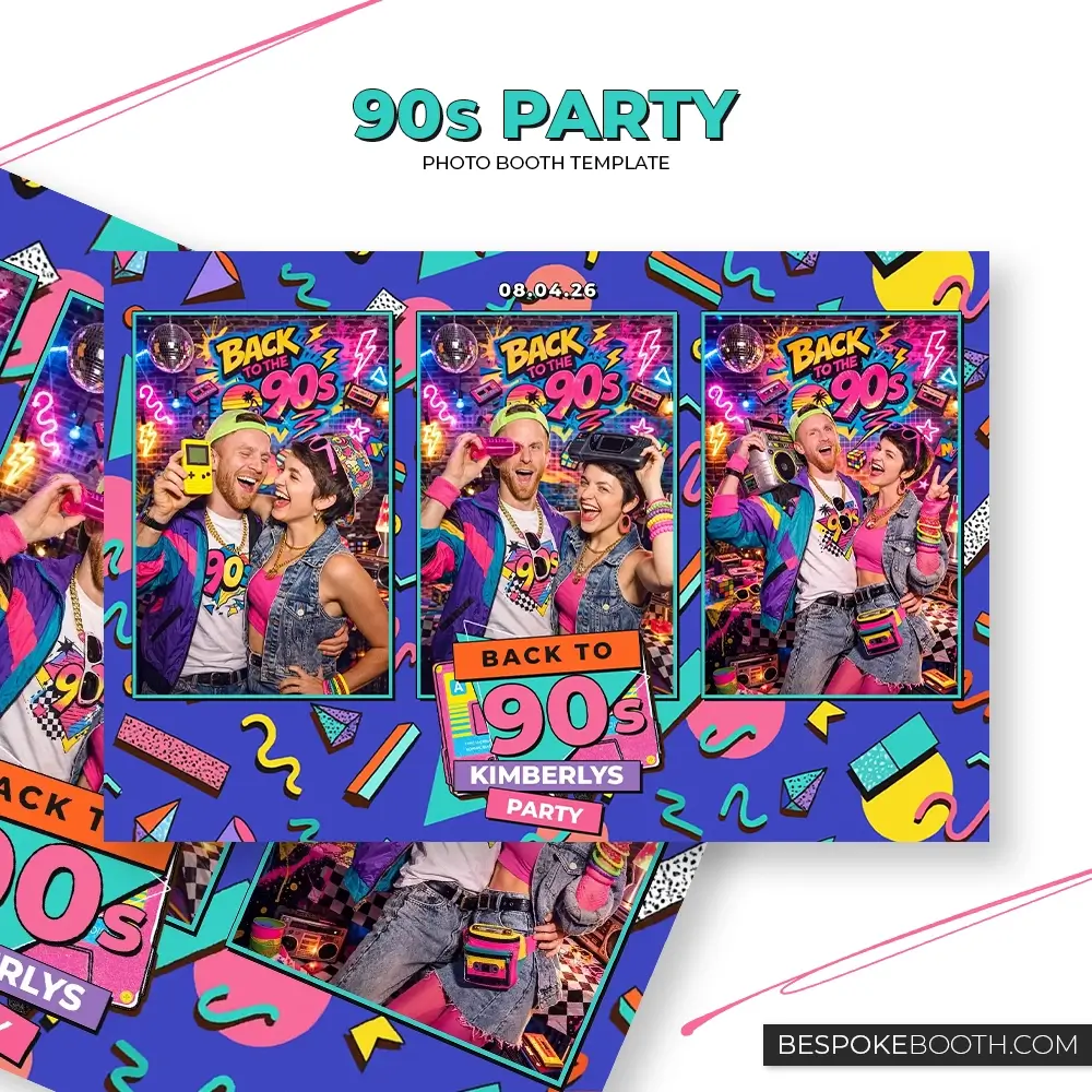 Retro vintage 90s nostalgia photo booth template in 6x4 three portrait photo layout featuring bold throwback colors, cassette graphics, geometric patterns, and vibrant party design for photo booth owners.