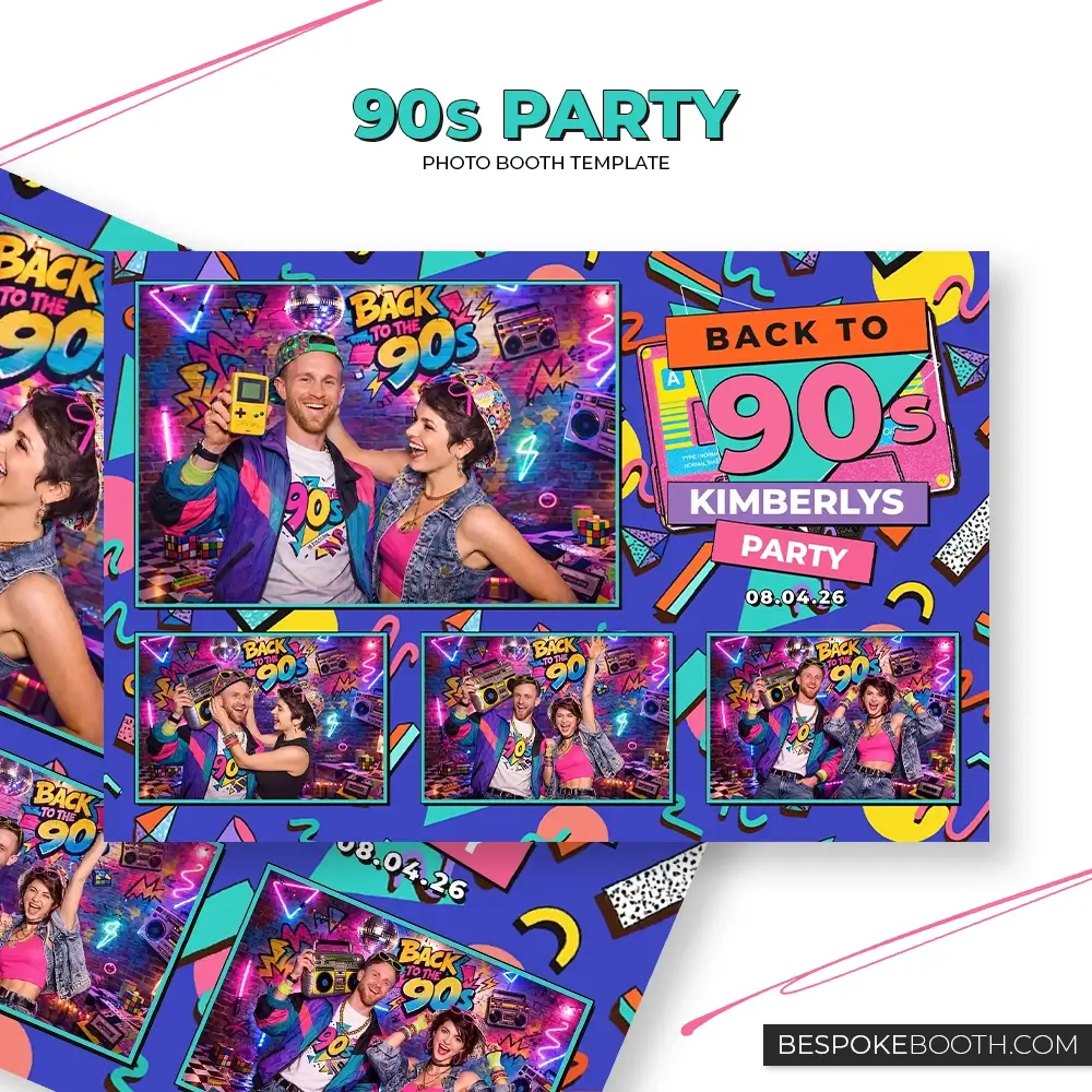 Retro vintage 90s nostalgia photo booth template in 6x4 four photo layout featuring bold throwback colors, cassette graphics, neon accents, and vibrant geometric patterns for photo booth owners.