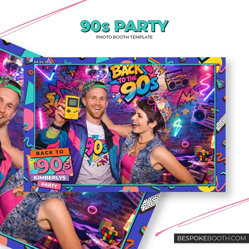 Retro vintage 90s nostalgia photo booth template in 6x4 single photo layout featuring bold throwback colors, cassette graphics, neon elements, and vibrant party design for photo booth owners.