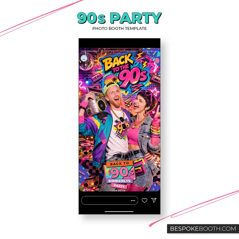 Retro vintage 90s nostalgia portrait photo booth template designed for social media sharing featuring bold throwback colors, cassette graphics, neon lights, and vibrant geometric patterns for photo booth owners.