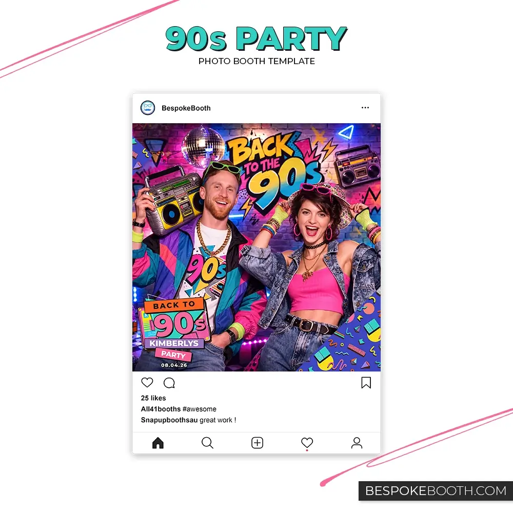 Retro vintage 90s nostalgia square photo booth template styled for social media featuring bold throwback colors, cassette graphics, neon lights, and vibrant geometric patterns for photo booth owners.