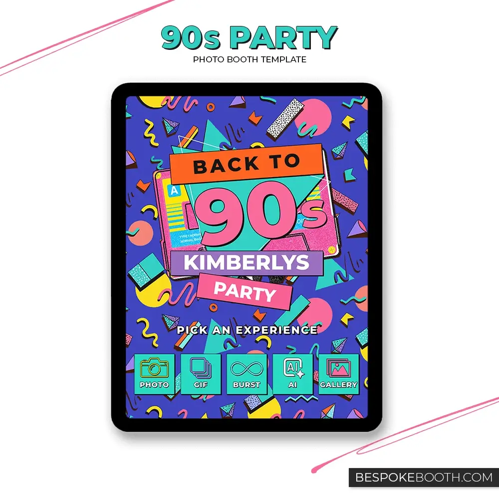 Retro vintage 90s nostalgia photo booth start screen featuring bold throwback colors, cassette graphics, geometric patterns, and interactive menu icons designed for photo booth owners.