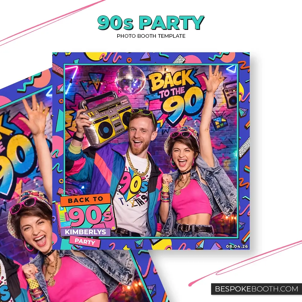Retro vintage 90s nostalgia square photo booth template featuring bold throwback colors, cassette graphics, neon lights, and vibrant geometric patterns for photo booth owners.