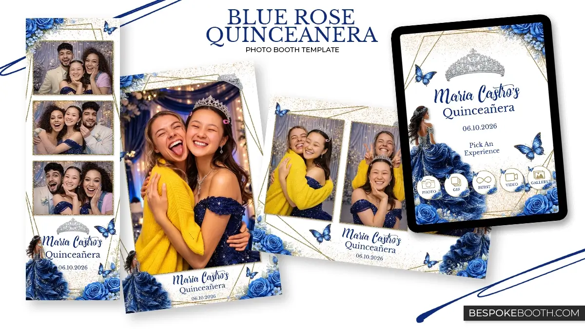 Blue rose quinceanera photo booth template collection featuring elegant blue roses, butterflies, gold glitter accents and sparkle textures with a tiara design. Includes 2x6 strip layout, multi photo layouts, and a matching photo booth start screen with a princess style blue dress illustration for quinceanera events.
