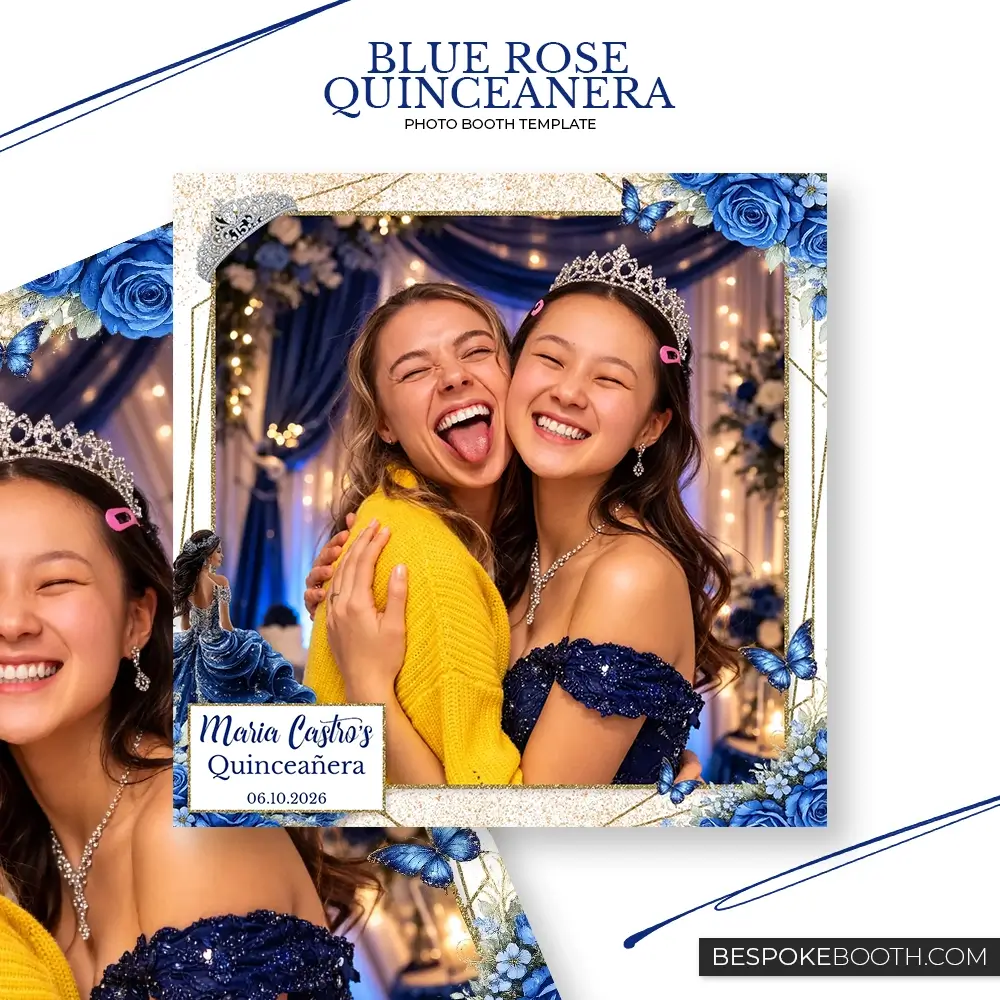 Blue rose quinceanera photo booth template with blue roses, butterflies, flowers, gold glitter sparkle accents and tiara crown design in a square layout created for photo booth owners.