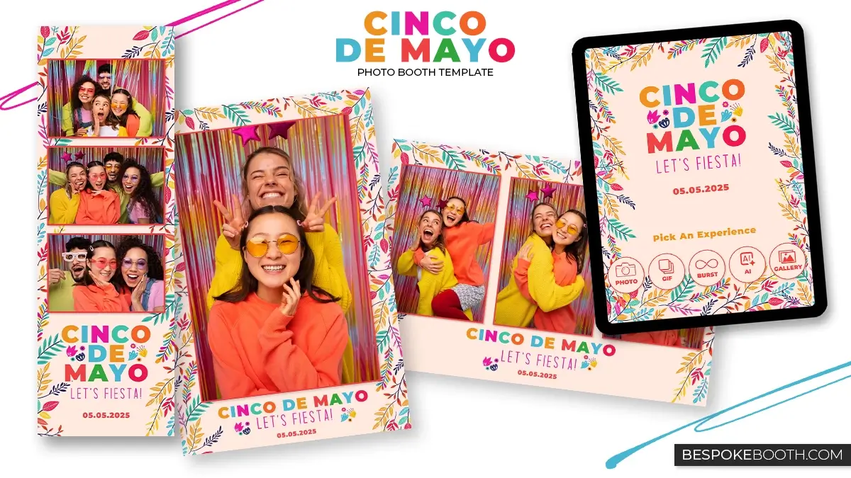 Cinco de mayo fiesta themed photo booth templates featuring colorful floral borders, bright typography, and multi photo layouts with friends posing in a vibrant party setting