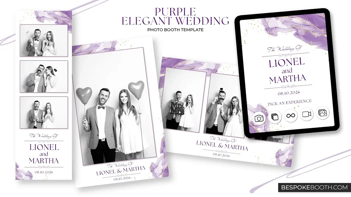 Elegant purple wedding photo booth template set featuring modern minimal layouts with marble style accents, gold details, and multiple print formats including strip and postcard designs alongside a matching start screen display