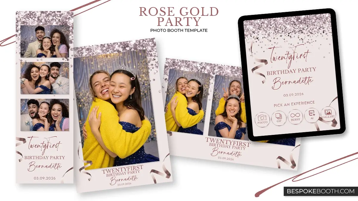Rose gold birthday party photo booth templates with glitter background ribbon accents and matching photo booth start screen displayed with multiple layout options for celebration events