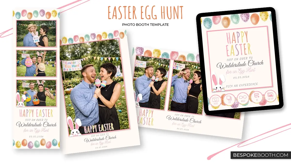 Pastel Christian easter photo booth templates with colorful easter eggs, cute bunny illustrations, rabbit themed accents, and matching Start Screen design for easter egg hunt events and church celebrations for photo booth owners.
