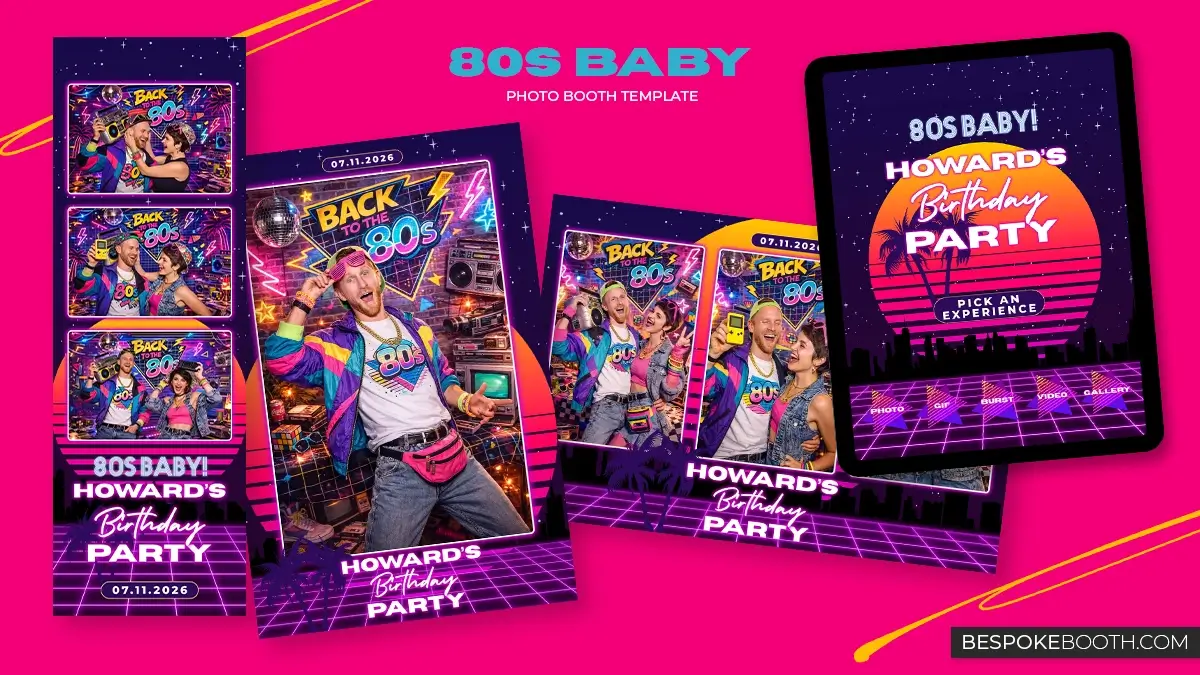 1980 themed 80s photo booth templates with neon purple retro sunset graphics, synthwave inspired backgrounds, vintage arcade style elements, back to the 80s party design, 2x6 and 4x6 multi photo layouts with matching Start Screen for photo booth owners