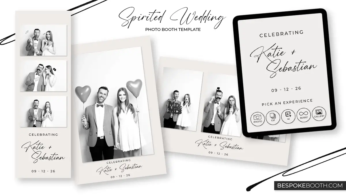 Modern black and white wedding photo booth templates featuring minimalist luxury styling with elegant script typography, clean borders, and simple modern layouts for photo booth owners. The design includes 2x6 strip templates, 4x6 multi photo layouts, and a matching modern start screen with a monochrome aesthetic.