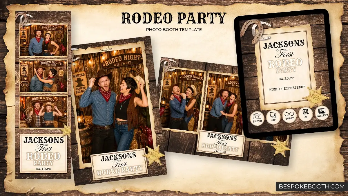 Western rodeo photo booth template collection featuring cowboy and cowgirl themed designs with rustic wooden backgrounds, sheriff badges, horseshoes, wanted posters, ranch inspired decor, and vintage Texas western styling. Includes 2x6 strip template, 4x6 photo booth templates, and matching start screen design for photo booth owners hosting country and rodeo themed events.
