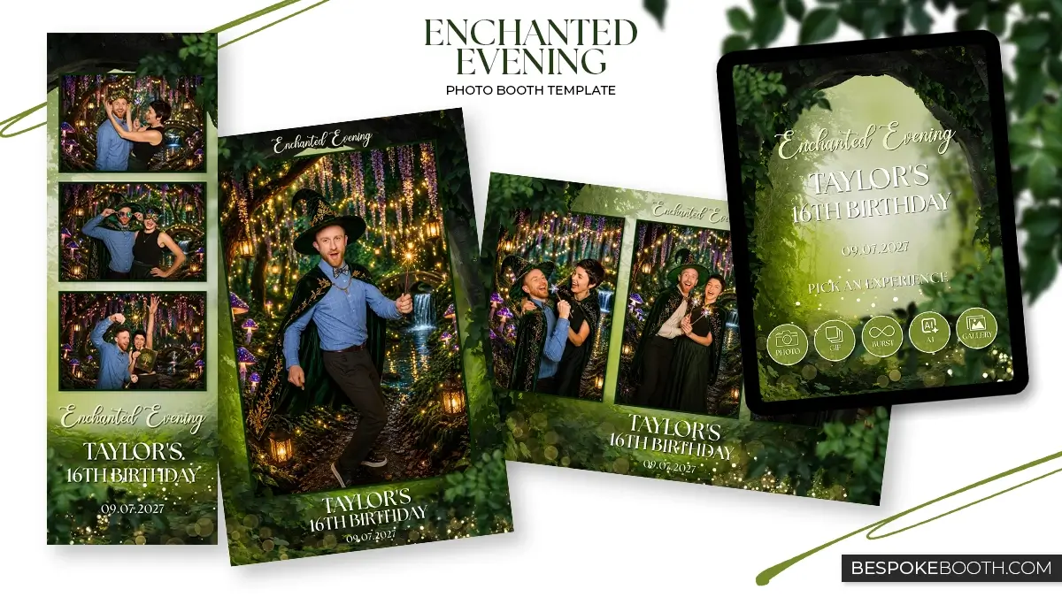 Enchanted forest photo booth templates with magical woodland scenery, glowing bokeh lights, glitter effects, hanging flowers, lush green leaves, and fantasy inspired photo booth layouts for photo booth owners featuring 2x6 strip, 4x6 portrait, 6x4 landscape, and matching start screen designs.