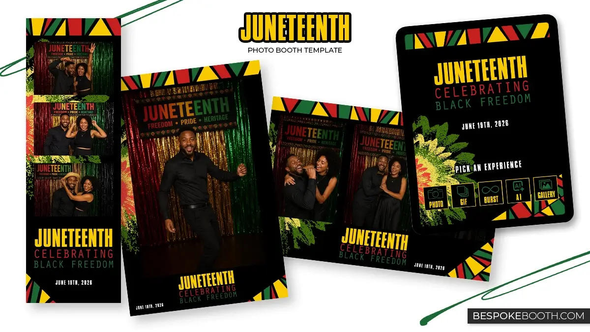 Juneteenth photo booth templates featuring vibrant black, red, green, and yellow African inspired patterns with glitter curtain backdrops, celebrating black culture, black history, freedom day, and unity. The design includes 2x6 and 4x6 multi photo shot layouts alongside a matching start screen for photo booth owners offering Juneteenth themed events and celebrations.