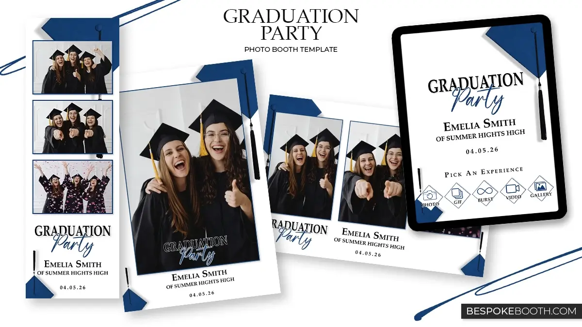 Graduation photo booth template collection featuring elegant blue and white graduation cap accents with 2x6 strip layout, 4x6 portrait design, 6x4 landscape template, and matching graduation start screen. The modern graduation photo booth templates showcase graduating students in caps and gowns celebrating a High School or university graduation party with clean typography and stylish graduation hat details for photo booth owners.