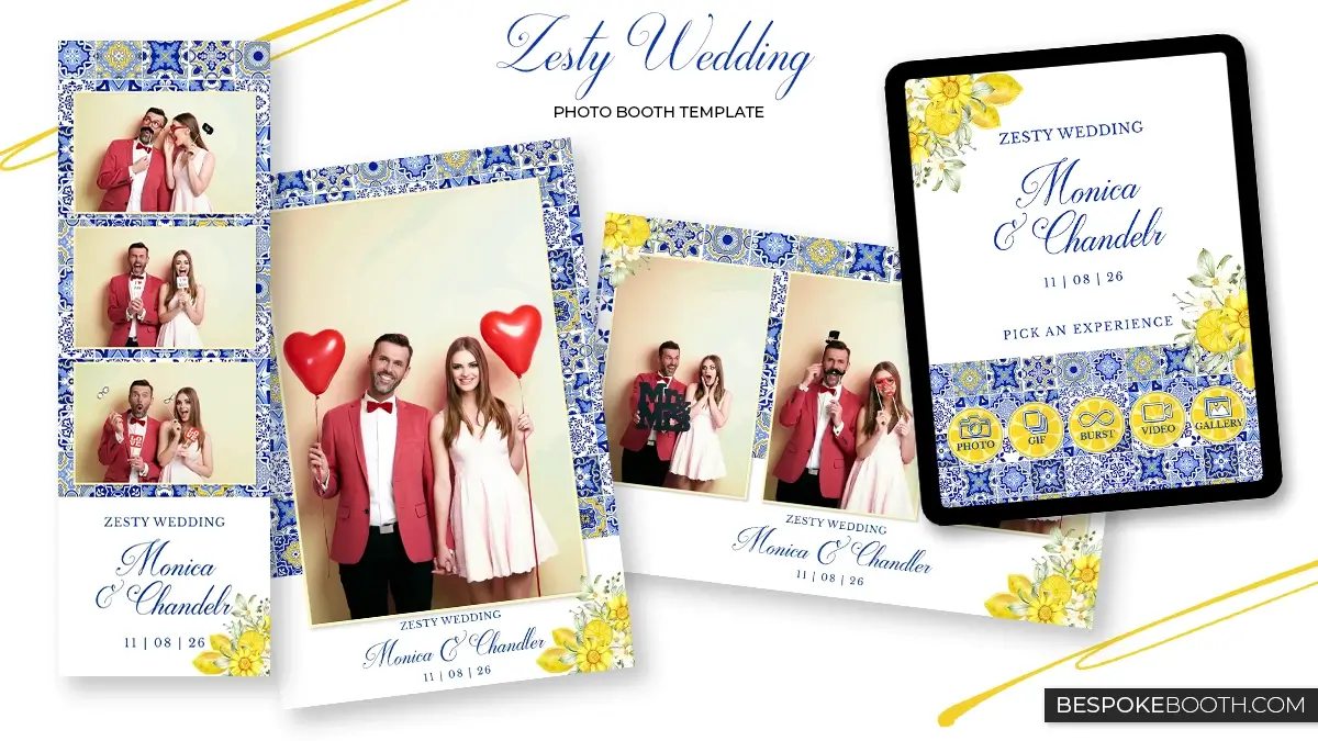 Summer wedding photo booth template collection featuring blue mosaic tile borders, yellow lemon floral accents, elegant white backgrounds, and matching photo booth start screen design. Includes 2x6 strip layout and 4x6 multi photo layouts with Mediterranean inspired mosaic patterns, lemon flowers, and elegant wedding typography for photo booth owners.