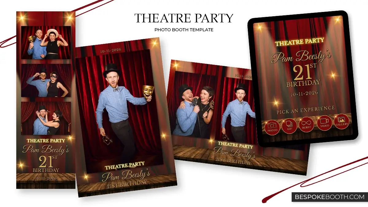Theatre party photo booth templates featuring red curtains, a wooden stage floor, warm stage lights, gold theatrical masks, and matching 2x6, 4x6, 6x4 multi photo layouts with a photo booth start screen for a dramatic opening night inspired celebration.