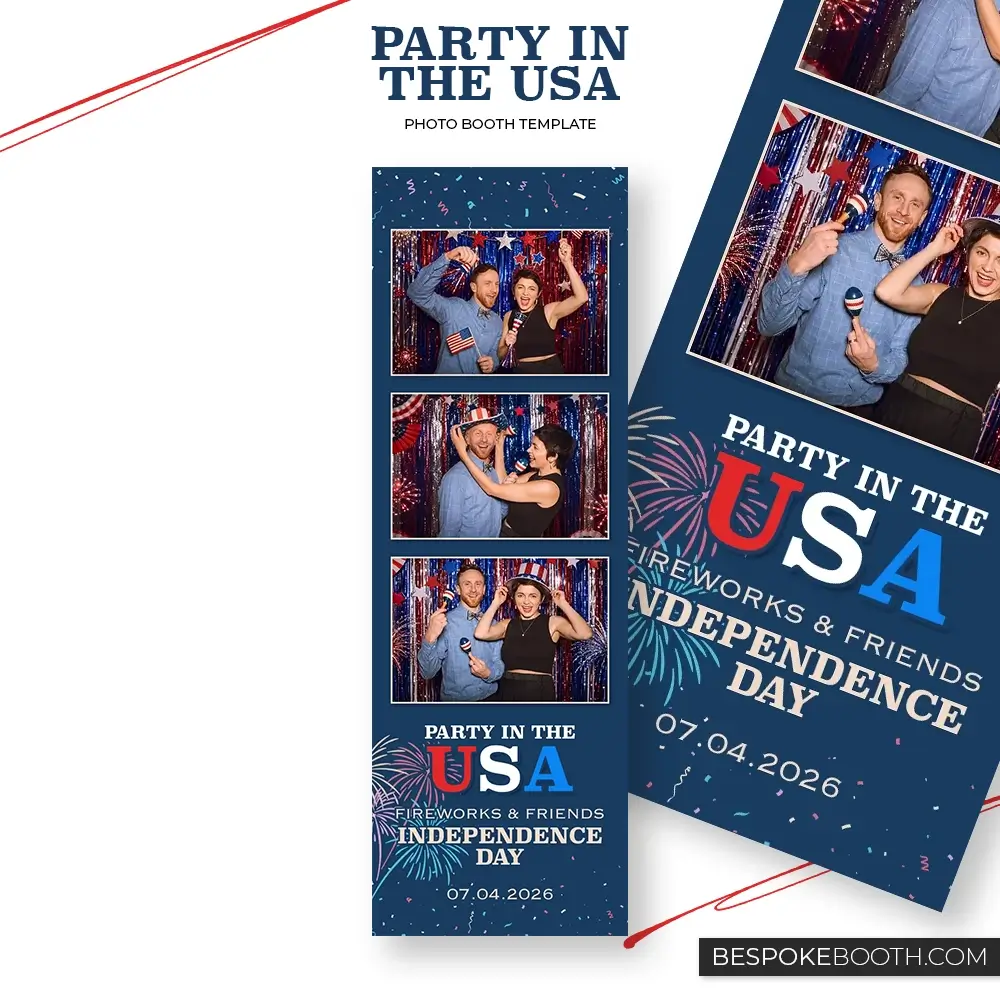 Party in the USA 2x6 photo booth template with three photo shots, featuring a navy blue background, red white and blue USA typography, fireworks, confetti and Independence Day themed party photos.