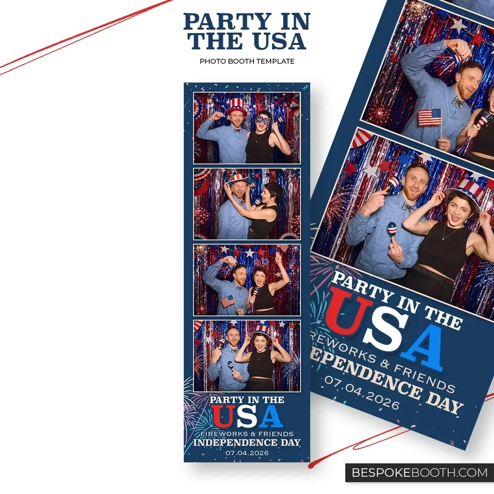 Party in the USA 2x6 photo booth template with four photo shots, featuring patriotic red white and blue styling, a navy background, USA typography, fireworks, confetti and Independence Day themed party photos.