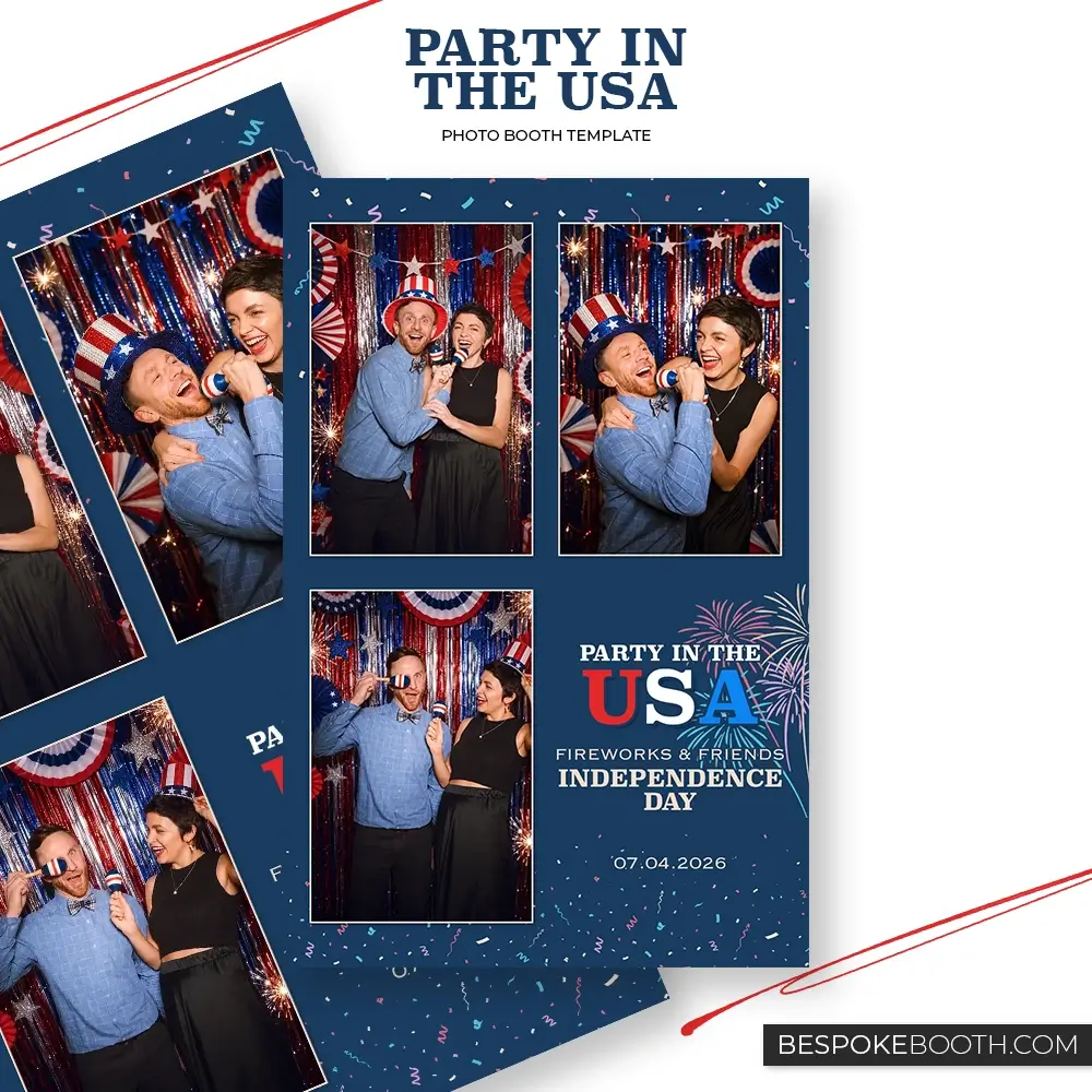 Party in the USA 4x6 photo booth template with three photo shots, featuring a navy blue background, red white and blue USA lettering, patriotic party photos, fireworks graphics and scattered confetti for an Independence Day celebration.