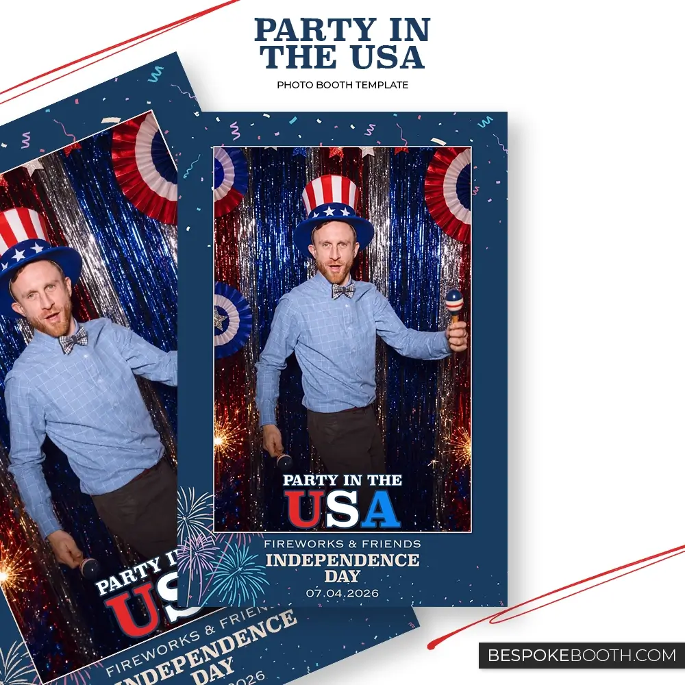 Party in the USA 4x6 photo booth template with one single photo shot, featuring a navy blue background, bold red white and blue USA lettering, patriotic party styling, fireworks graphics, confetti and an Independence Day themed photo.