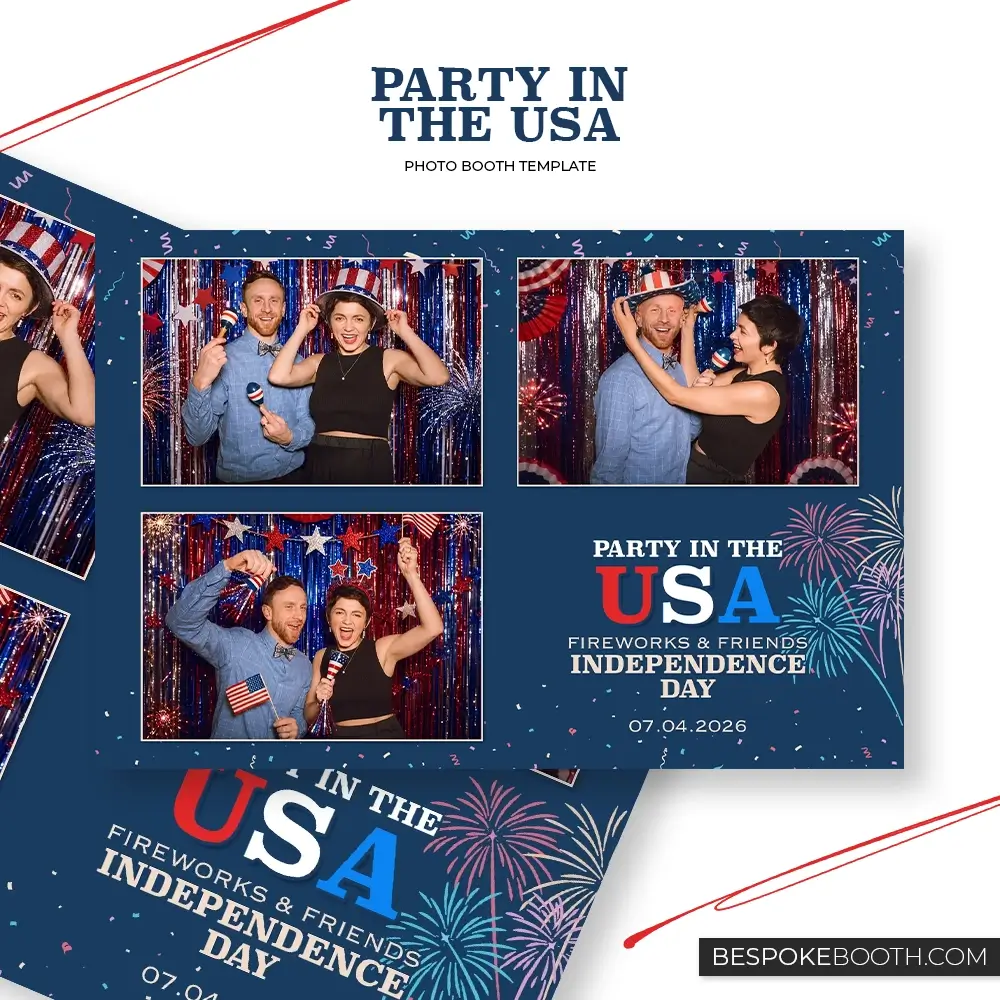 Party in the USA 6x4 photo booth template with three photo shots, featuring a navy blue background, patriotic red white and blue styling, USA lettering, fireworks graphics, scattered confetti and Independence Day party photos.