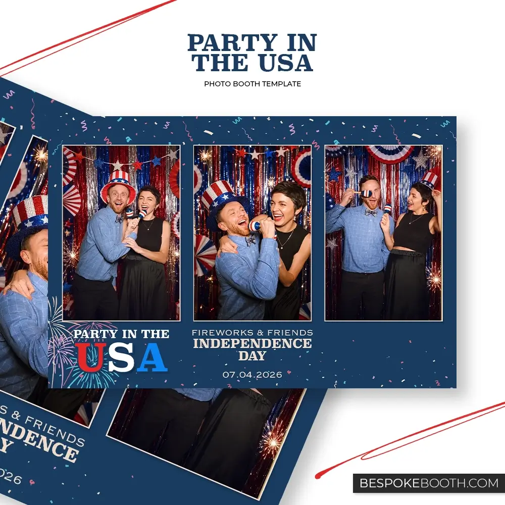 Party in the USA 6x4 photo booth template with three portrait photo shots, featuring a navy blue background, red white and blue USA lettering, fireworks graphics, confetti and patriotic Independence Day party photos.