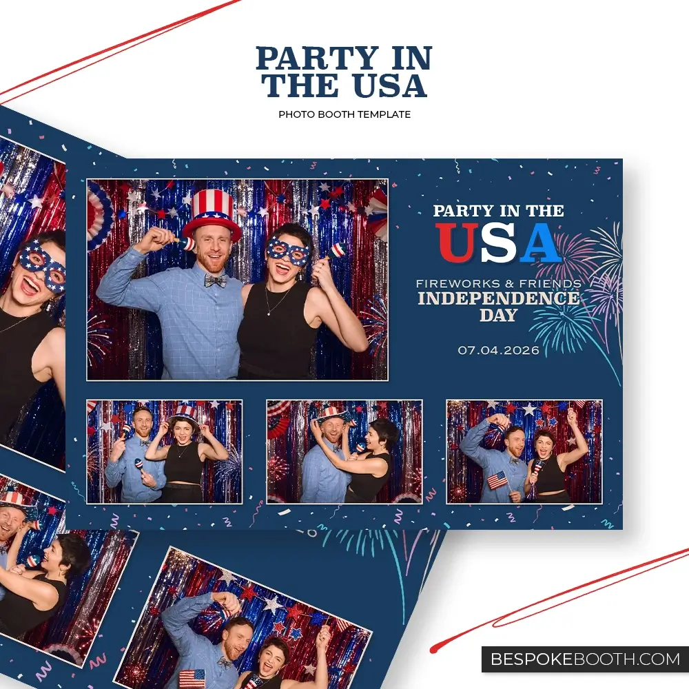 Party in the USA 6x4 photo booth template with four photo shots, featuring a navy blue background, patriotic red white and blue USA lettering, confetti, fireworks and festive Independence Day party photos.