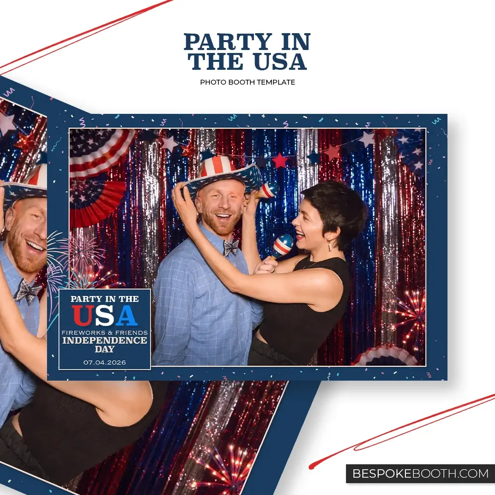 Party in the USA 6x4 photo booth template with one single photo shot, featuring a navy blue patriotic frame, red white and blue USA lettering, fireworks, confetti and an Independence Day party photo.