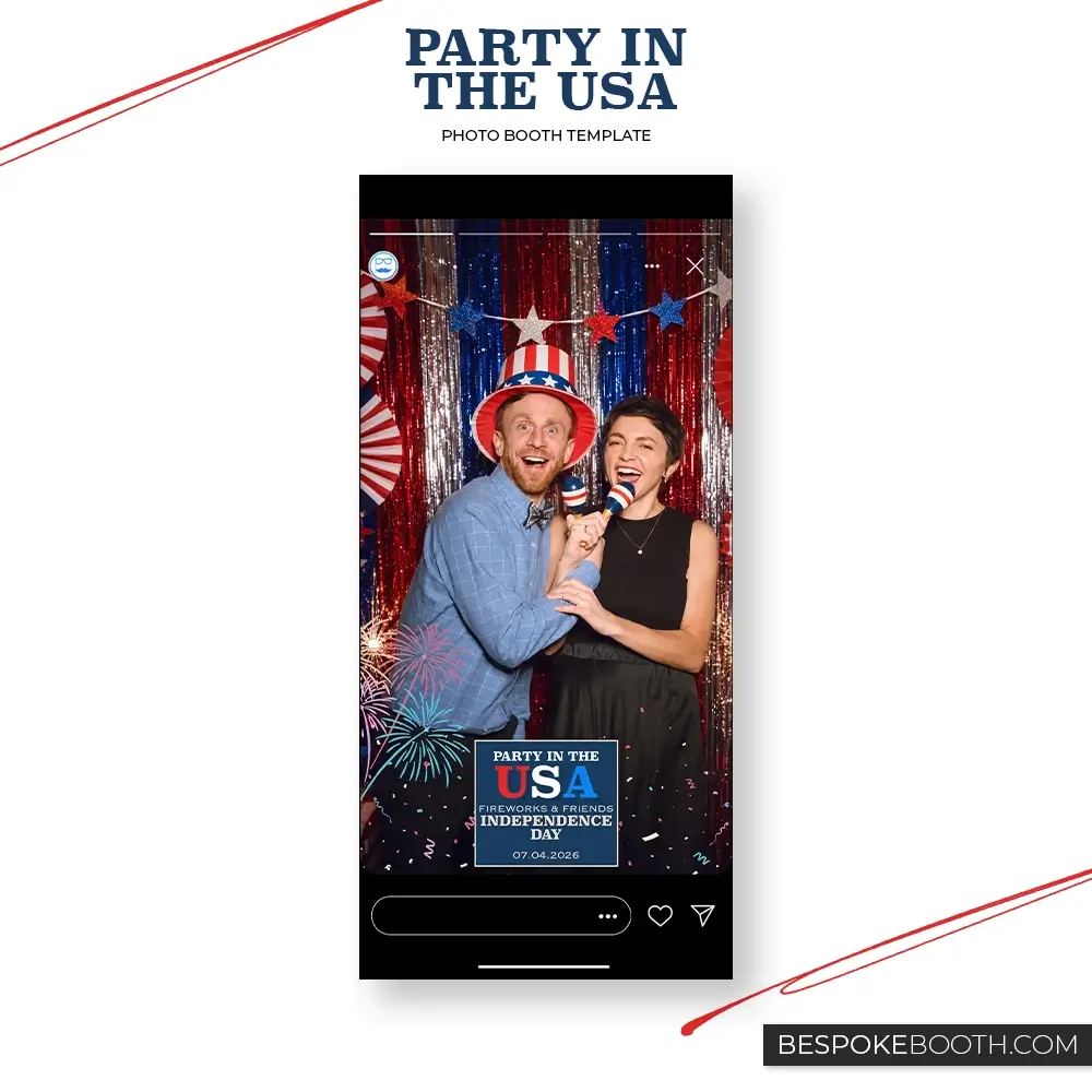 Party in the USA 360 video booth portrait design featuring a patriotic 4th of July celebration photo with red white and blue props, fireworks, confetti, USA lettering and Independence Day themed overlay details.