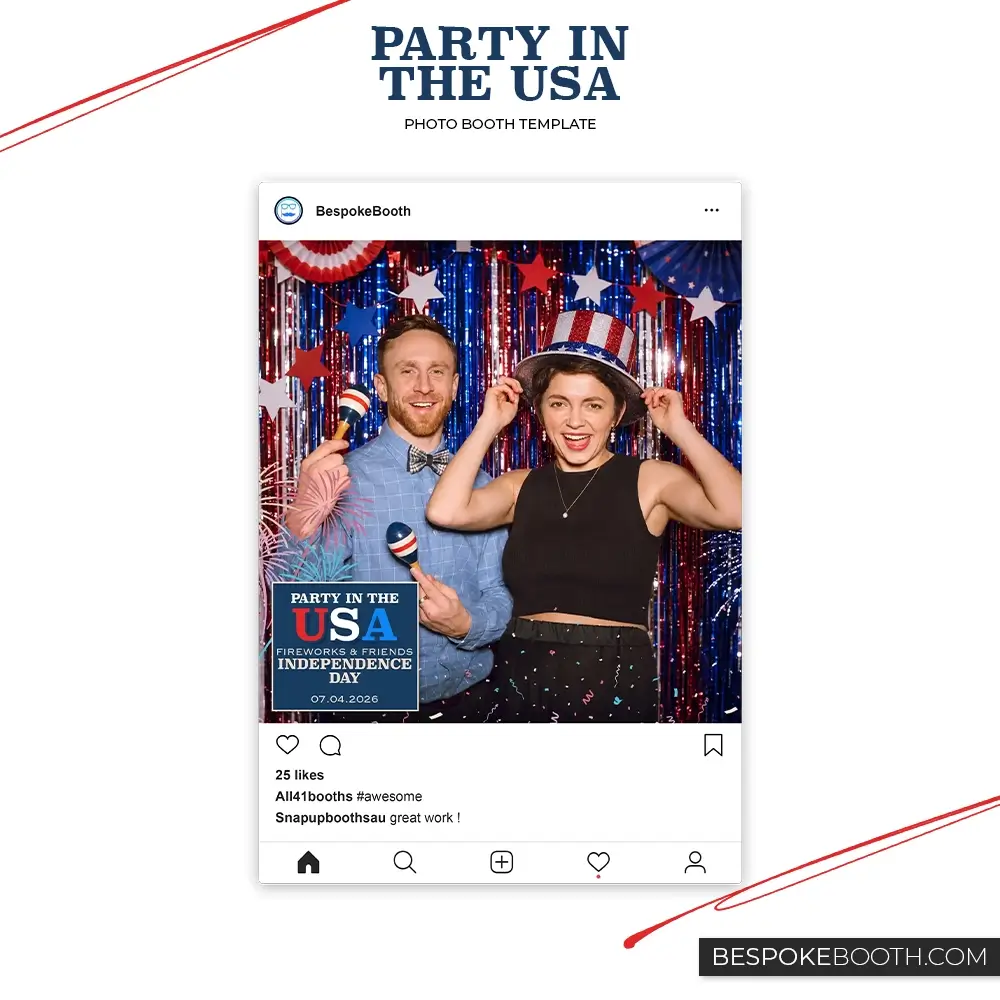 Party in the USA social media style photo booth template featuring one photo shot inside an Instagram inspired post layout with patriotic red white and blue decor, confetti, fireworks and Independence Day party styling.