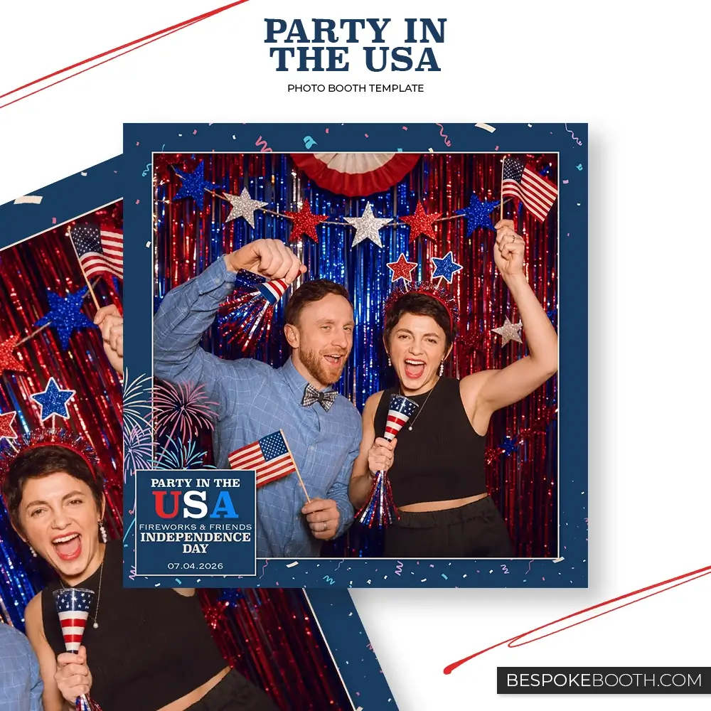 Party in the USA square GIF photo booth template with one photo shot, featuring a patriotic 4th of July party image, red white and blue USA lettering, fireworks, confetti and Independence Day themed overlay details.