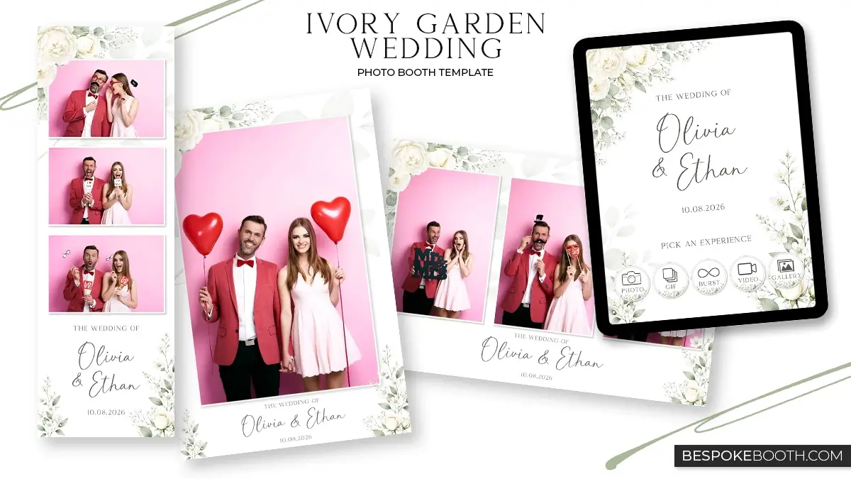 Elegant ivory garden wedding photo booth template collection featuring 2x6, 4x6 and 6x4 photo booth layouts with soft white roses, eucalyptus greenery, minimal floral corners, luxury wedding typography and a matching photo booth start screen displayed on a tablet.