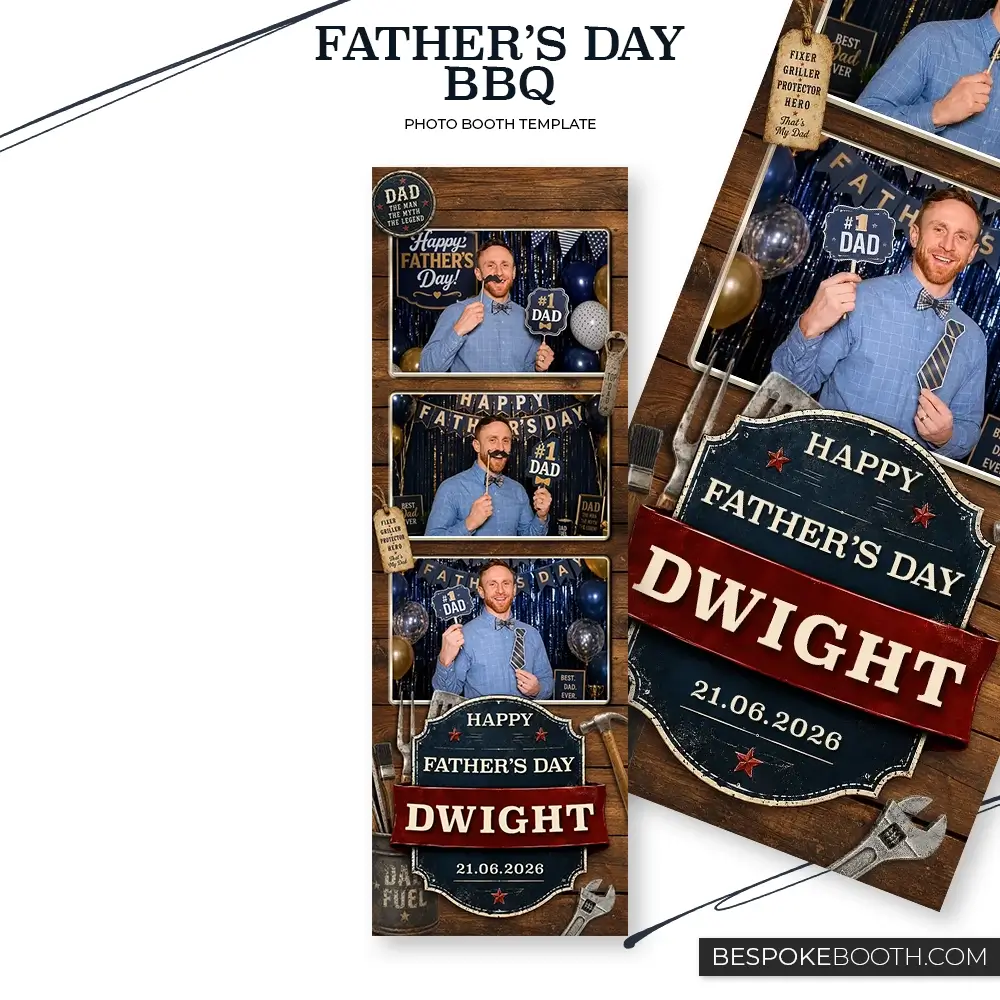 Father’s Day BBQ 2x6 photo booth template with three photo shots, rustic wood background, grill tools, navy and gold party decorations, happy fathers day signage, and a smiling man holding dad themed props.