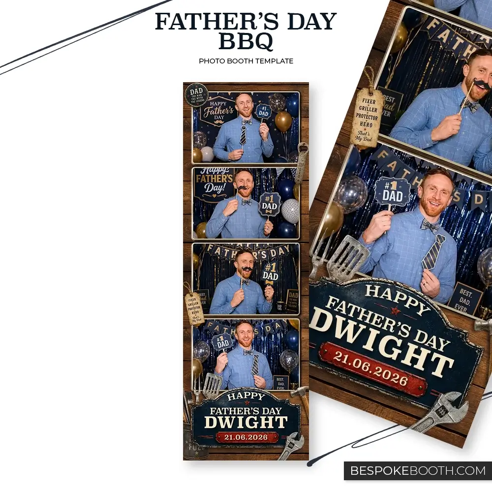 Father’s Day BBQ 2x6 photo booth template with four photo shots, rustic wood background, grill tools, happy fathers day signage, navy and gold party decorations, and a smiling man posing with dad themed props.