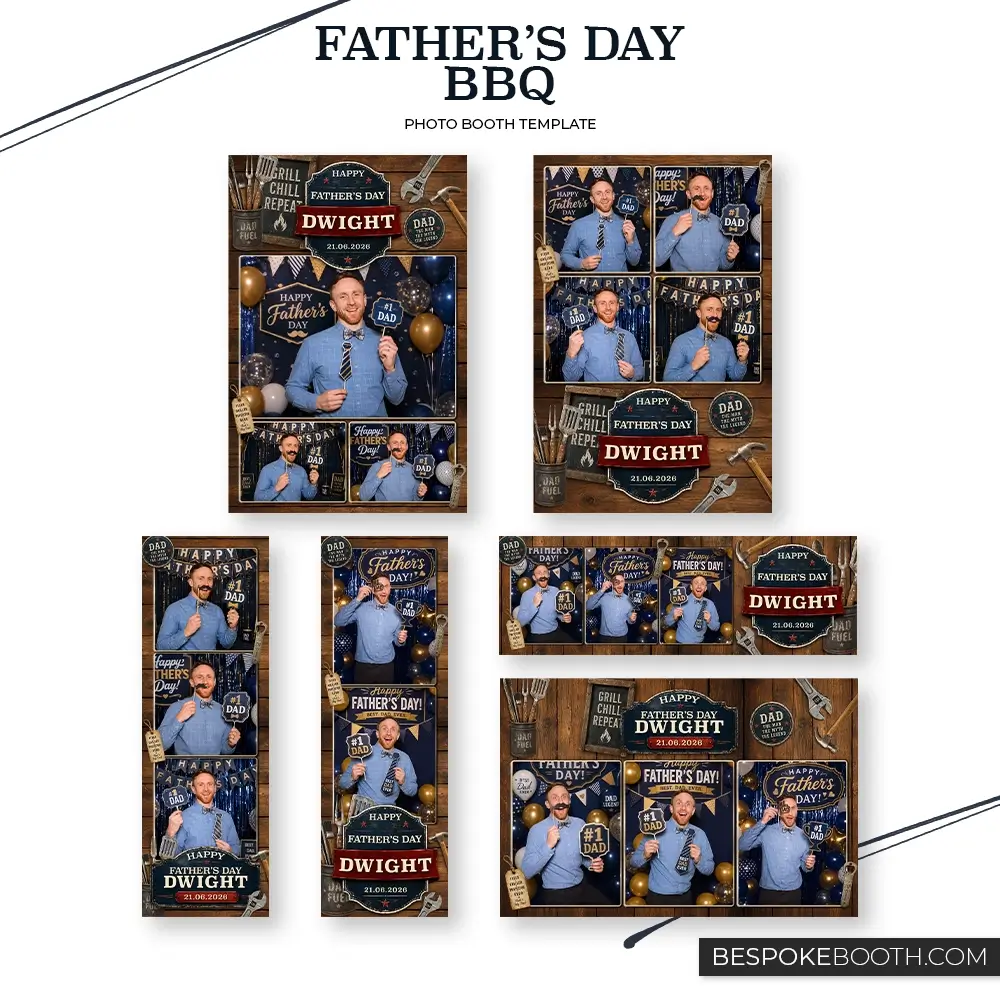 Father’s Day BBQ photo booth template collection featuring 2x6, 4x6, and 6x4 layouts with single photo, three photo, and four photo shot designs, rustic wood backgrounds, grill tools, happy fathers day signage, navy and gold decorations, and a smiling man posing with dad props.