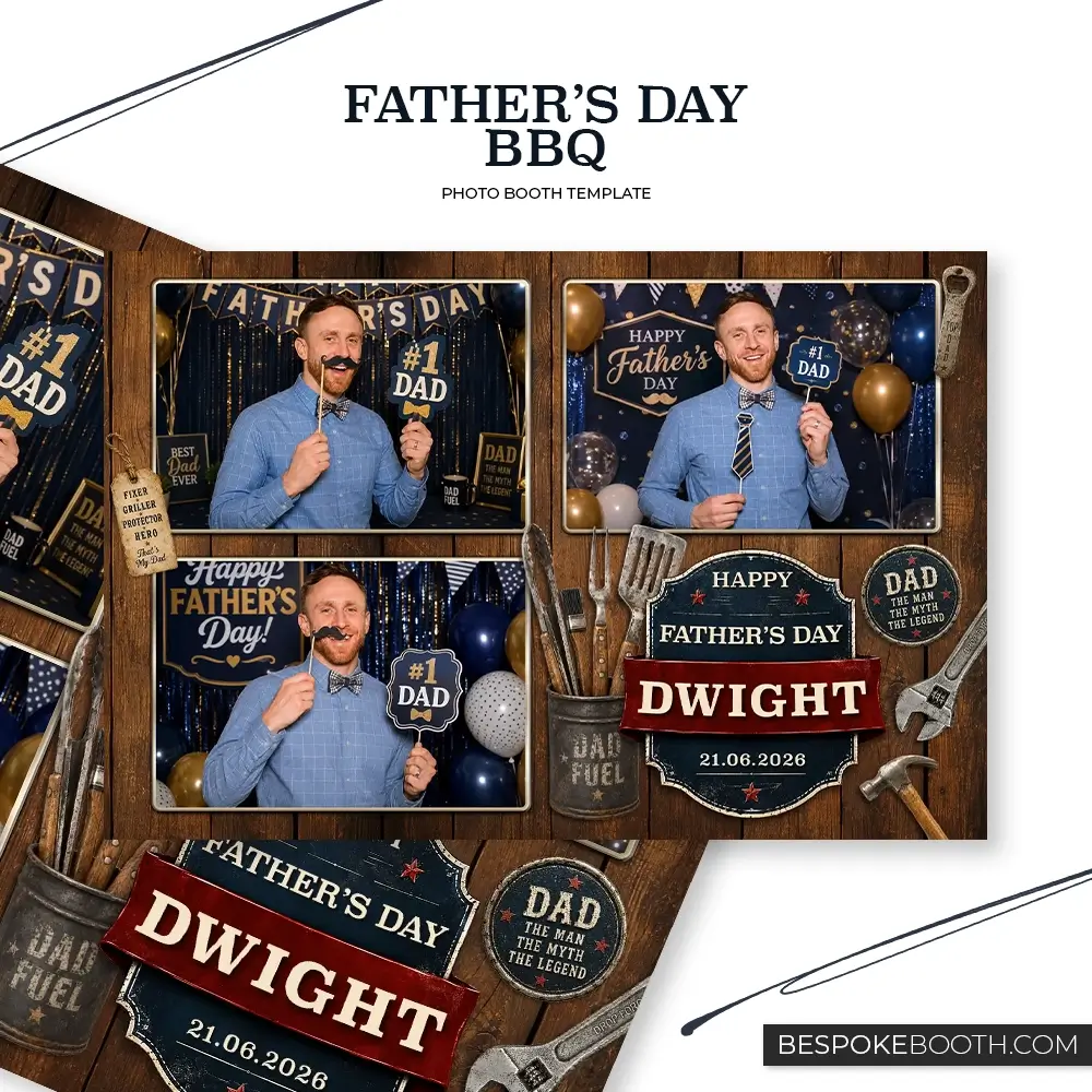 Father’s Day BBQ 6x4 photo booth template with three photo shots, rustic wood background, grill tools, happy fathers day signage, navy and gold party decorations, and a smiling man posing with dad themed props.