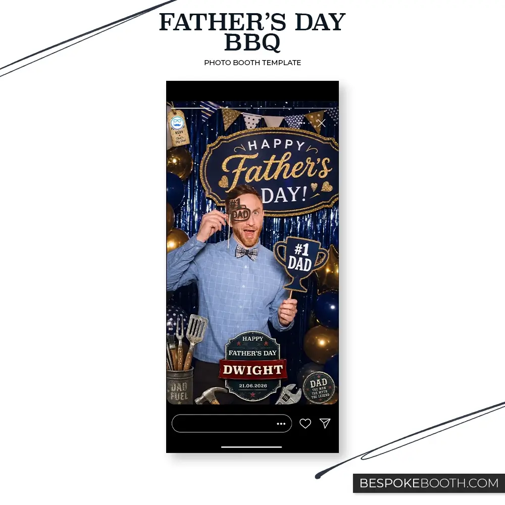 Father’s Day BBQ 360 video portrait photo booth template with one portrait shot, rustic wood details, grill tools, happy fathers day signage, navy and gold balloons, and a smiling man holding dad themed props.